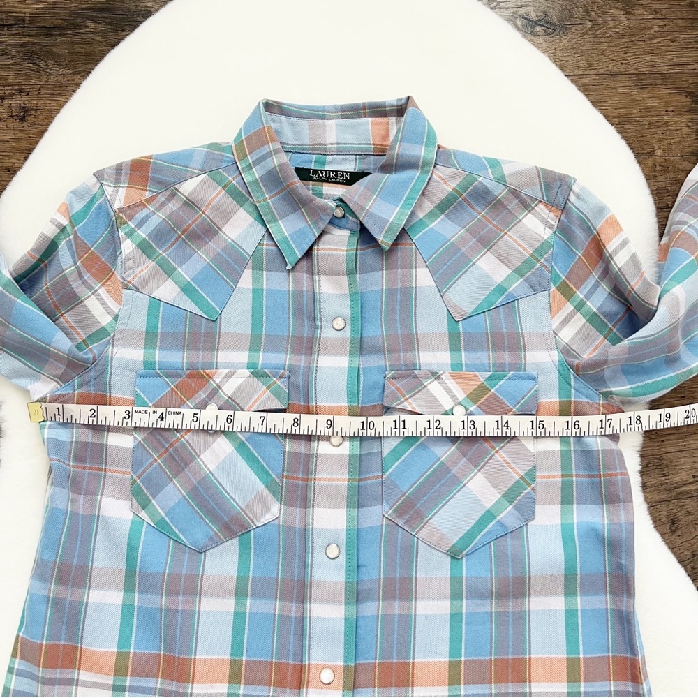 Ralph Lauren Plaid Western Pearl Snap Top Button Down Cotton Blouse Blue Small - Picture 10 of 13